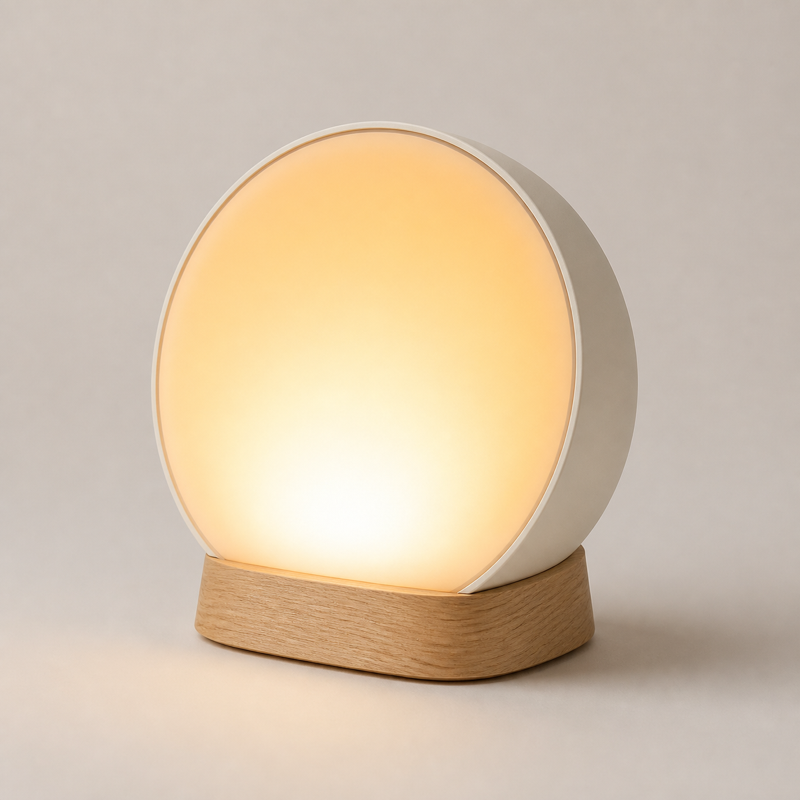 Warm white sunrise alarm clock on a pale oak base