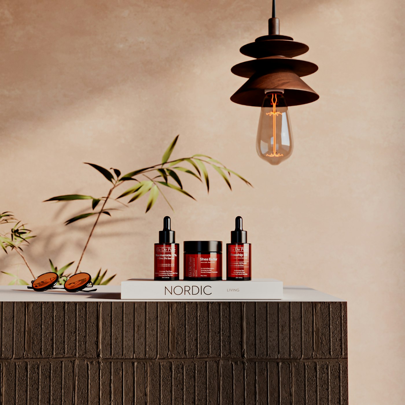 Real skincare products styled on a shelf in a warm home interior.